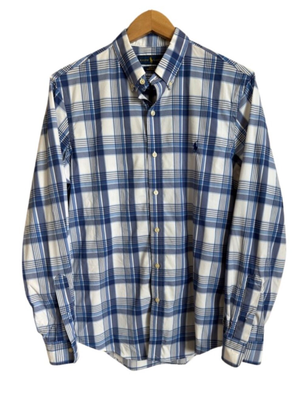 Ralph Lauren Slim Fit Performance Plaid Shirt Blue Stretch Button Down Medium
